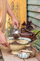 Remplir la jardinière de passoire avec un mélange de grains fins et de compost
