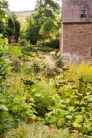 Banque en pente avec des herbes, des vivaces et des arbustes, Aston Crews, Herefordshire, Royaume-Uni.