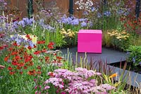 Cube rose avec plantation mixte comprenant, Helenium et Verbena. Jardin Color Box - RHS Hampton Court Palace Flower Show, 2017