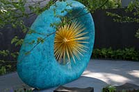 Verdigris Aeon sculpture, The David Harber and Savills garden, Sponsor: David Harber and Savills. RHS Chelsea Flower Show, 2018.
