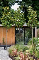 Salon de jardin avec terrasse en gravier avec Magnolia grandiflora Jardin contemporain à Dulwich