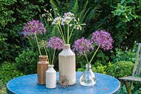 Allium christophii et Allium unifolium exposés dans des vases en verre et en poterie.