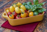 Tomates cerises 'Golden Sunrise', 'Sungold' et 'Gardener's Delight' avec des feuilles de basilic.