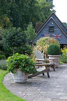 Terrasse avec de grands pots italiens en terre cuite avec des feuilles de Geum 'Totally Tangerine' et Buxus - boîte.