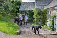 Ian et Clare Alexander et un caniche de compagnie conduisant leur cheval et leur poney au pâté de maisons devant la maison.