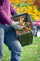 L'homme à l'aide d'une tondeuse pour recueillir et déchiqueter les feuilles tombées, prêt à mettre sur le tas de compost.