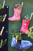 'My Space in Space ', jardin d'école avec des bottes pour enfants roses et étoilées ou des bottes en caoutchouc et un pot à lait planté d'herbes, dont de la menthe et du basilic