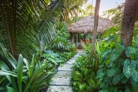 La cabane chickee dans le jardin tropical. La résidence Jones, Key West, Floride, USA. Conception de jardin par Craig Reynolds.