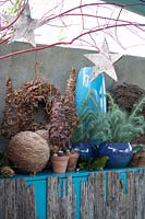 Décorations extérieures festives, y compris des étoiles et divers pots avec Euphorbia et Cornus.