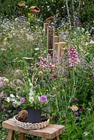 Une ligne d'hôtels d'insectes entourés de vivaces à fleurs dans le jardin BBC Springwatch, RHS Feature Garden, RHS Hampton Court Palace Garden Festival, 2019.