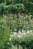 Geranium clarkei 'Kashmir White' pousse à la base d'un support de plante en fer rouillé de Artisan Plant Supports, au milieu d'aquilegias, d'astrantias et de bistort.