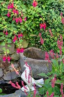 L'ancienne maison en pierre, Beesands, South Devon. Persicaria amplexicaulis 'Firetail' et Fuchsia à côté de l'étang.