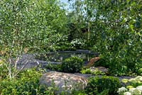Lumière tachetée tombant sur une piscine circulaire entourée de plantations vertes - Le Smart Meter Garden, RHS Hampton Court Palace Flower Festival 2019