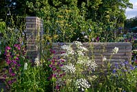 Cloisons en brique de pavé belge fournissant une toile de fond à Ammi majus, Bleuet et Malva - Le jardin du sanctuaire RHS, RHS Hampton Court Palace Flower Festival 2019