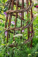 Lathyrus odoratus - Sweet Peas - cultivez un obélisque de saule tissé à la main naturel pour le soutien. RHS Hampton Court Palace Garden Festival 2019. Commanditaire: Belvoir Fruit Farms.
