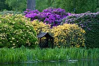 Petite tonnelle en bois se dresse au bord du lac entouré de rhododendrons en fleurs, d'arbres et d'herbes à Hoveton Hall Estate Gardens, Norwich, Royaume-Uni.