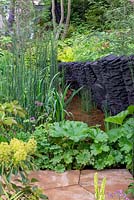 Plantes vertes luxuriantes, y compris Gunnera et Equisetum hyemale - The M and G Garden, RHS Chelsea Flower Show 2019