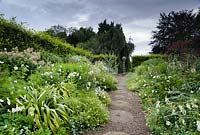 Chemin de gravier incrusté de meules dans le jardin blanc, planté de cosmos, astelia, veronicastrum, echinops et Onopordum acanthium à York Gate, Adel en juillet.
