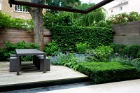 Petit jardin clos par une clôture horizontale, vue sur une terrasse en bois avec table à manger et tabourets modernes en béton. Auge entourée de vivaces fleuries et de Buxus - Coffret - topiaire à proximité