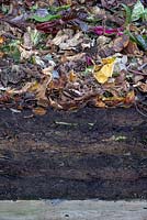 Coupe transversale d'un tas de compost montrant des couches de compost bien mûri à du matériel de décomposition fraîchement placé