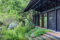 Vue d'une maison moderne par jardin boisé à Mill Creek Ranch à Vanderpool, Texas conçu par Ten Eyck Landscape Inc, juillet.