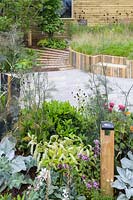 Plantation devant un parterre de fleurs surélevé en bois recyclé - Believe in Tomorrow Garden - RHS Hampton Court Palace Garden Festival 2019
