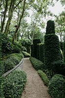 Chemin de gravier avec Taxus baccata et muehlenbeckia complexa. Les Jardins d Etretat, Normandie, France