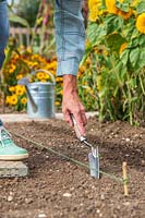 Femme à l'aide d'une truelle à main contre une ligne de jardin pour faire un semoir pour semer directement dans le sol