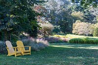 Chaises Adirondack jaune sous arbre surplombant le paysage à Chanticleer Gardens à l'automne. Parterres de serpentine de riz Carolina Gold et de graminées ornementales présentés