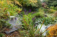 Terrasse en bois sur l'étang entouré de plantations luxuriantes à Windy Ridge, Shropshire, Royaume-Uni