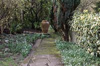 Le jardin Gibberd, Harlow. Perce-neige, sentier menant au patio du chalet, avec urne et perce-neige