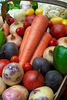 Trug contenant un assortiment de légumes - chou-fleur, pommes de terre, oignons, betteraves, carottes, tomates et poivrons