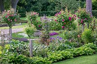 Parterre de fleurs mélangé avec diverses roses standard dans le jardin privé de David Austin Jnr