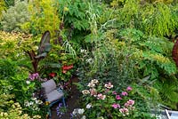 Jardin de la ville rempli de plantes à feuillage audacieux telles que les bananes noires éthiopiennes, les fougères, le papyrus Tetrapanax, les bambous et les acers. L'anthurium et les hortensias ajoutent de la couleur aux fleurs.