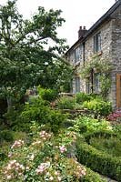 Petit jardin de chalet avec des roses dans un parterre bas Buxus et un parterre de fleurs rasied d'herbes à côté de la maison en pierre