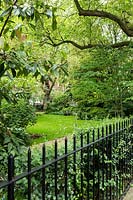 Vue sur les balustrades métalliques d'un carré de jardin avec pelouse et arbres matures