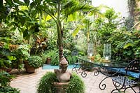 Un mélange de palmiers, Archontophoenix alexandra derrière la sculpture de buste, de fougères et d'autres plantes dans une terrasse urbaine de style tropical avec un coin repas carrelé