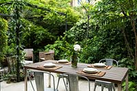 Vue de la salle à manger avec clôture clôturée avec des plantes à feuillage, une pergola en métal avec grimpeur divise le coin salon détendu