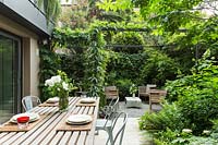 Vue depuis la salle à manger à travers une pergola en métal avec des grimpeurs vers une zone de détente séparée à l'abri des bâtiments voisins par des plantes à feuillage