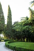 Entrée avec des spécimens d'arbres tels que Cupressus sempervirens - Cyprès