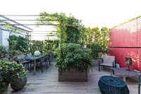 Vue d'ensemble du jardin sur le toit en bois avec salle à manger sous pergola et cloison rouge, écrans de plantes à la frontière et jardinière avec un feuillage audacieux