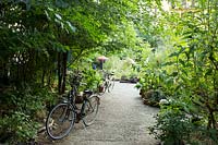 Voir le long du chemin dans un jardin communautaire, avec des vélos garés sur le côté