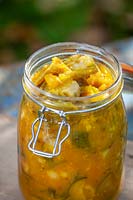 Piccalilli - cornichon de jardin - dans un pot de four. Ingrédients: chou-fleur, courgette, concombre, curcuma et moutarde