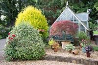 À effet de serre avec une zone de gravier en face avec des arbustes et de petits pots contenant Heuchera, Acer palmatum et fougère