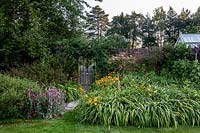 Parterre de fleurs à l'extérieur du jardin muré, avec des lis de jour et Lychnis Coronaria.