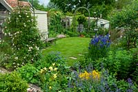 Petit jardin de cottage avec pelouse et parterre de fleurs colorées de plantation de plantes vivaces et Rose 'Open Arms' sur l'arche métallique - Journée des jardins ouverts, Coddenham, Suffolk