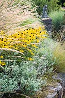 Rudbeckia fulgida var. deamii pris en sandwich entre Calamgrostis x acutiflora 'Karl Foerster' et Nepeta 'Six Hills Giant'