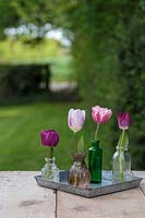 Présentoir floral de printemps avec tulipes simples dans des vases en verre sur plateau carré galvanisé