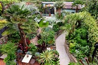 Un jardin tropical à Londres. Vue élevée du jardin montrant le chemin incurvé menant à travers les parterres de fleurs aux coins salon