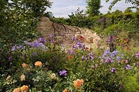 Coin salon en pierre sèche et parterre de fleurs herbacées avec des plantes comprenant, Echinacea, Phlox, Campanula, Cirsium rivulare, Rosa 'Lady of Shalott' - Zoflora.